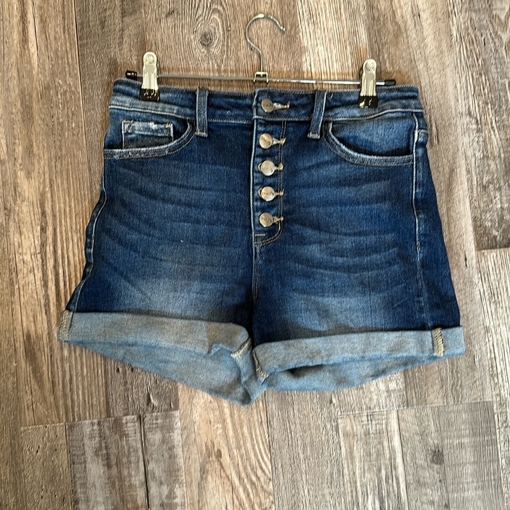 Pink Lily Dark Blue High-Waist Button Fly Jean Shorts